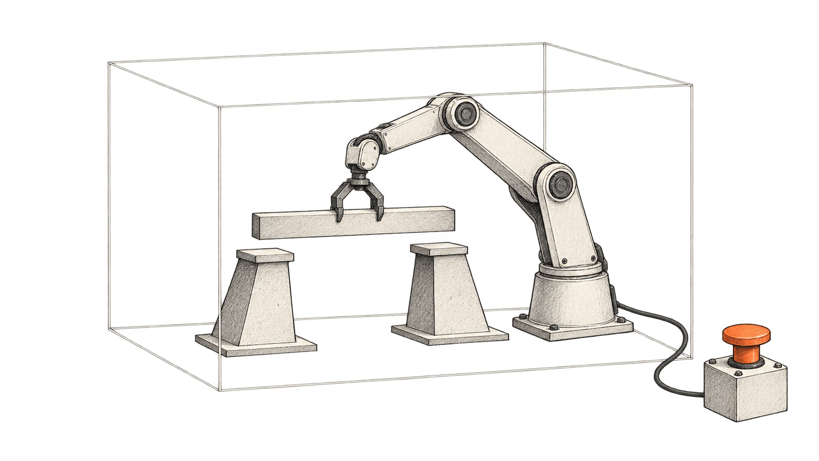 A mechanical arm holds a beam above two bridge supports inside an open frame, with an orange stop button connected outside the frame.