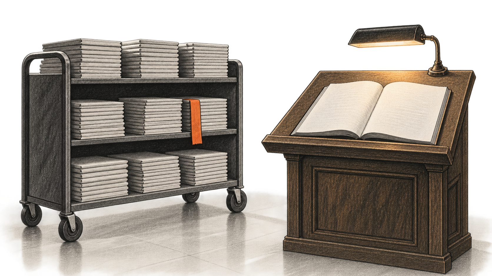 Illustrative charcoal scene of a cart stacked with unmarked manuscript folios beside one open folio on a reading lectern.
