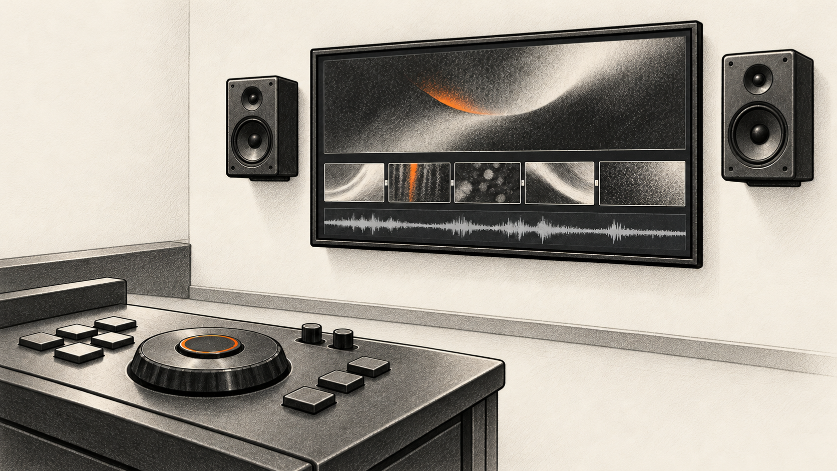 Conceptual charcoal illustration of an empty editing suite with a wall-mounted display showing five joined abstract shot thumbnails and an audio track above a physical editing console.