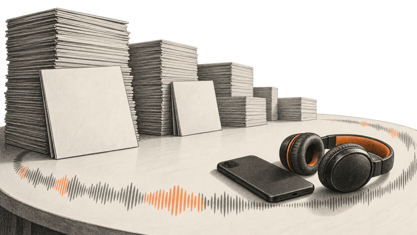Stacks of blank album sleeves beside a screen-down phone and headphones, with a looping sound-wave motif around the tabletop.