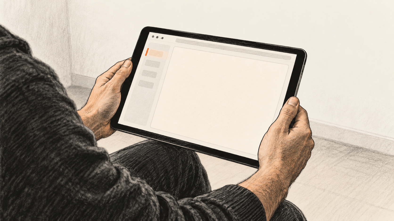 Conceptual charcoal illustration of one person holding a landscape tablet with a nearly blank, unbranded web-app surface.