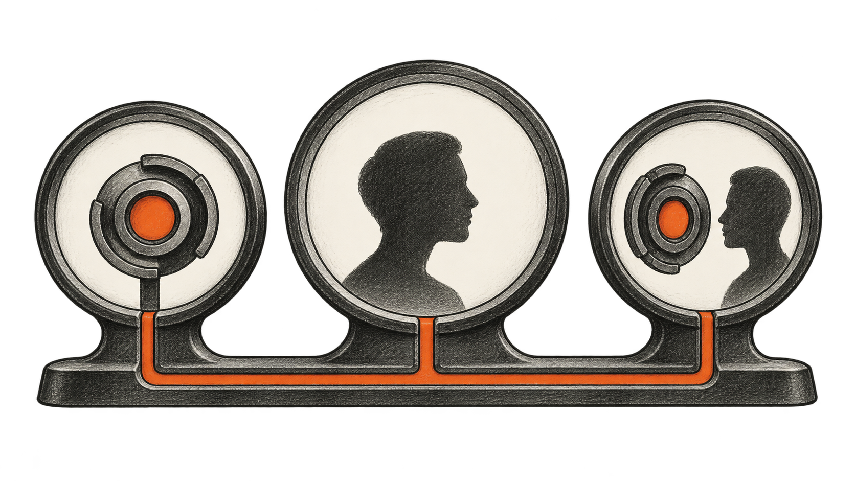 Three inspection chambers show a machine lens, a human profile alone, and a machine lens beside a human profile.