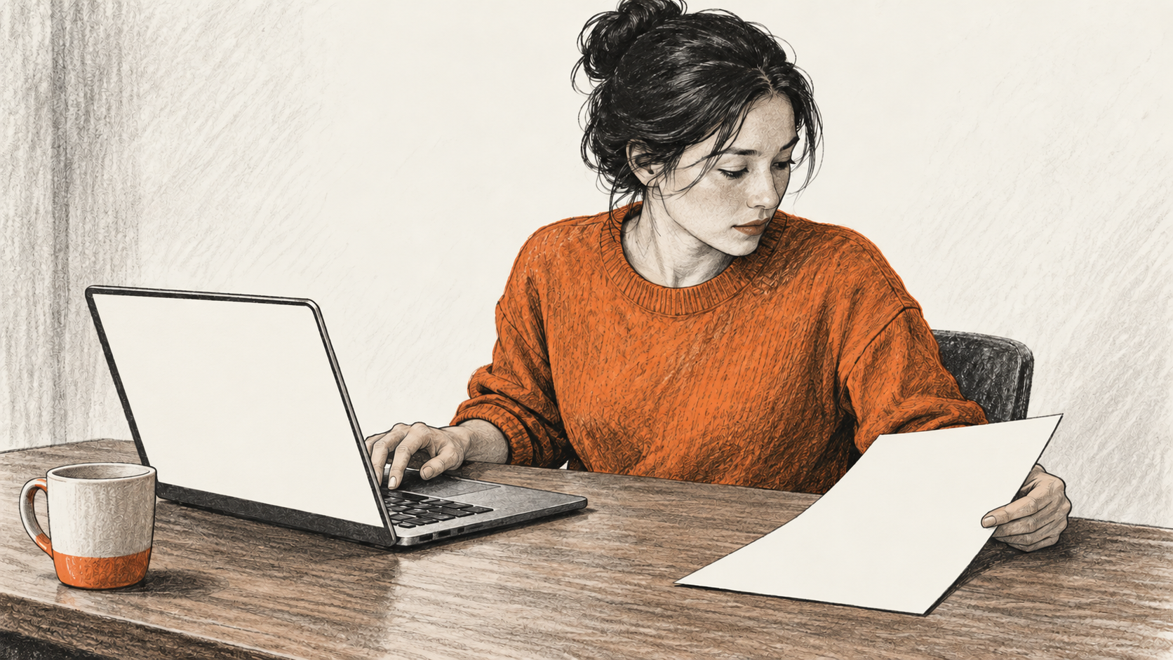 A seated person works at a laptop while holding a blank sheet of paper at a wooden table.