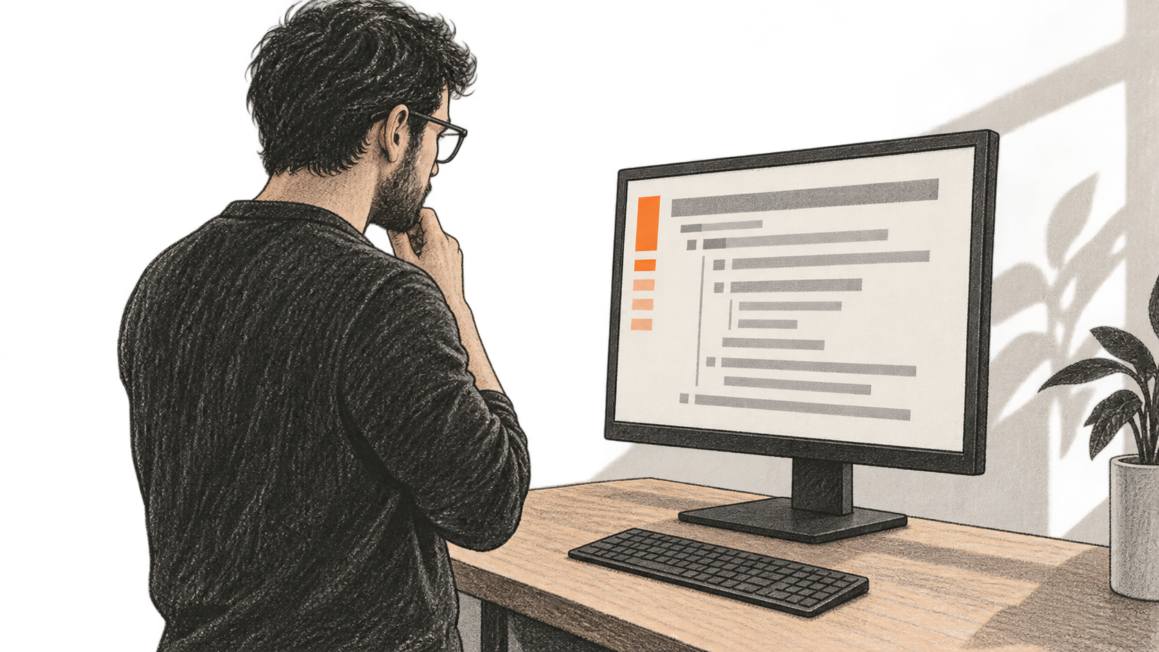 Conceptual charcoal illustration of one developer reading abstract plan-like lines on an unbranded desktop monitor while the keyboard sits untouched.