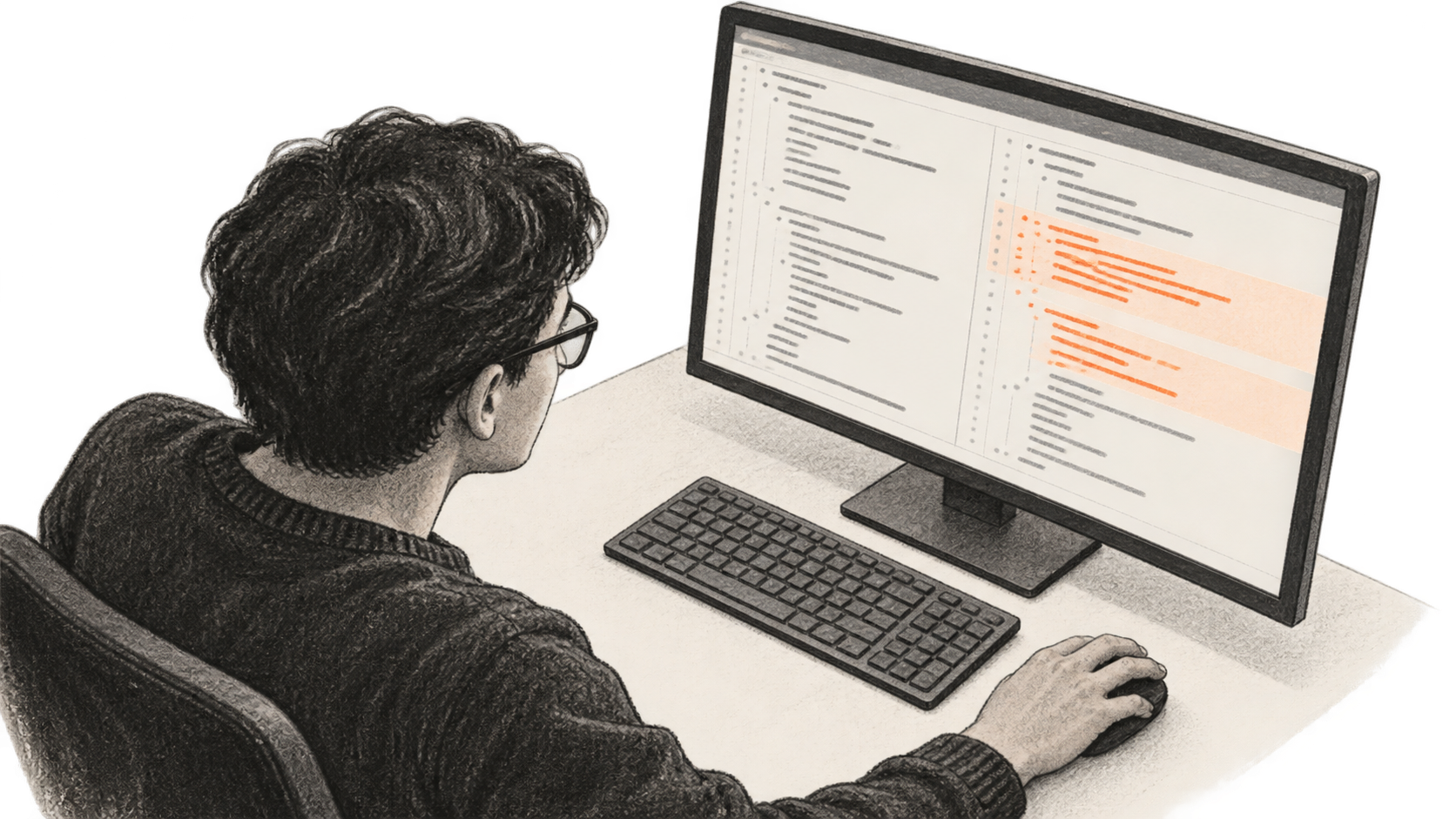 Conceptual charcoal illustration of one anonymous person reviewing an orange-highlighted code change on an unbranded desktop monitor.