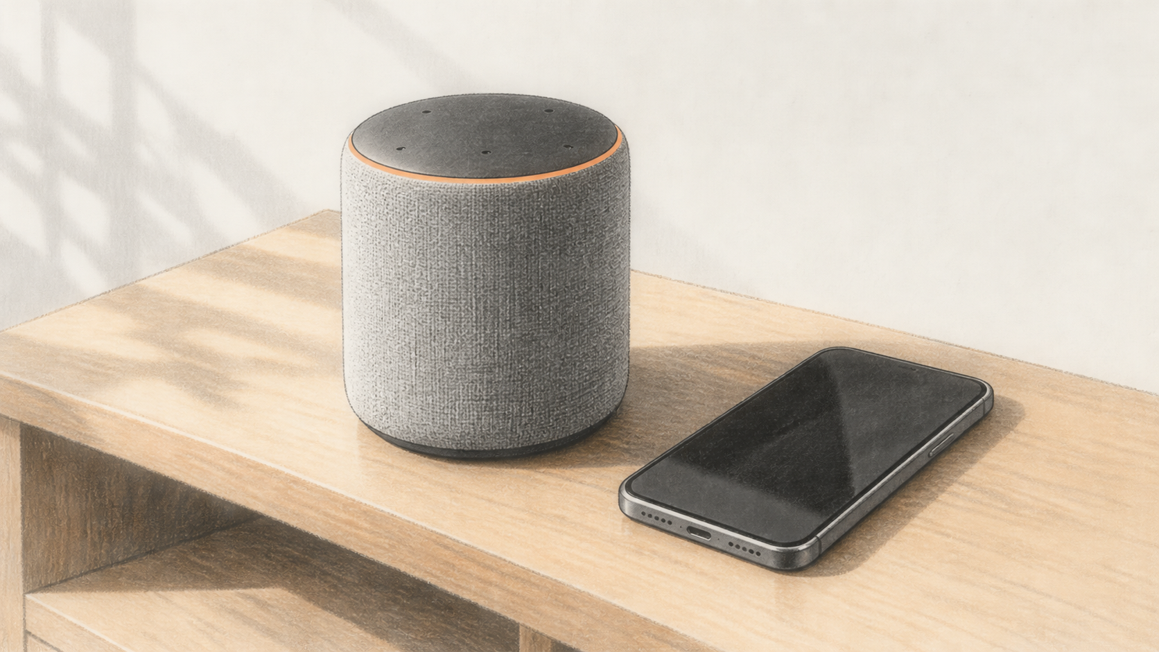 Conceptual illustration of an unbranded cylindrical smart speaker and a dark-screen phone on a wooden shelf.