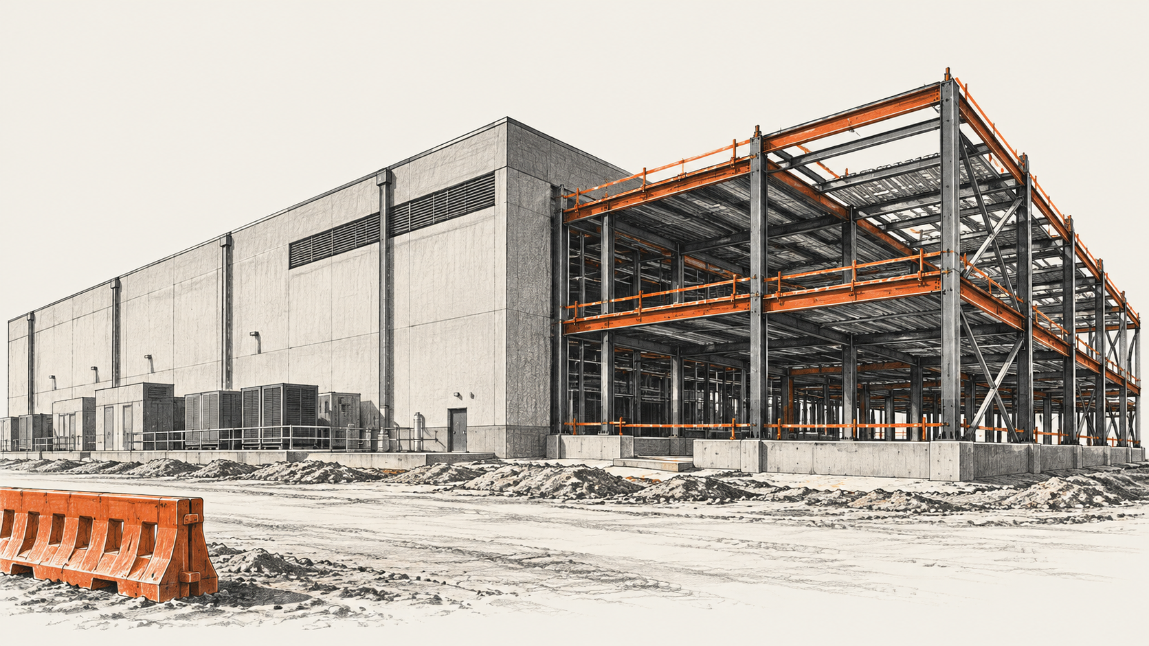 Conceptual illustration of a data-centre building beside a steel-framed extension under construction.