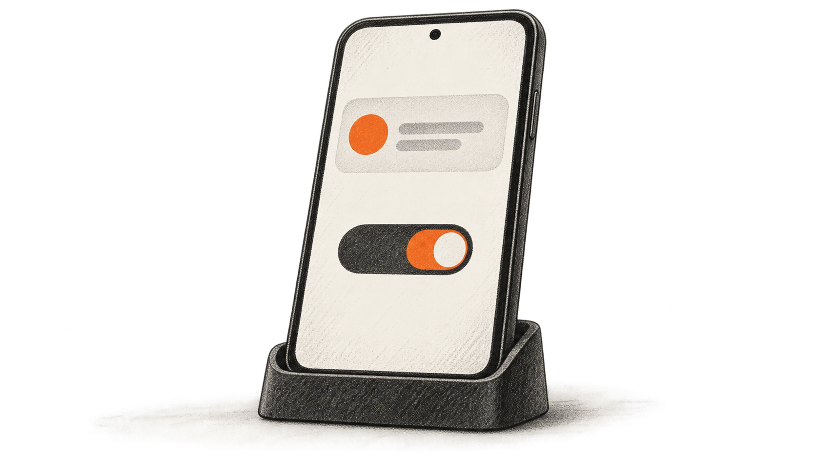 Conceptual charcoal illustration of an unbranded phone in a cradle, with an abstract notification card above a separate switch shape on its screen.