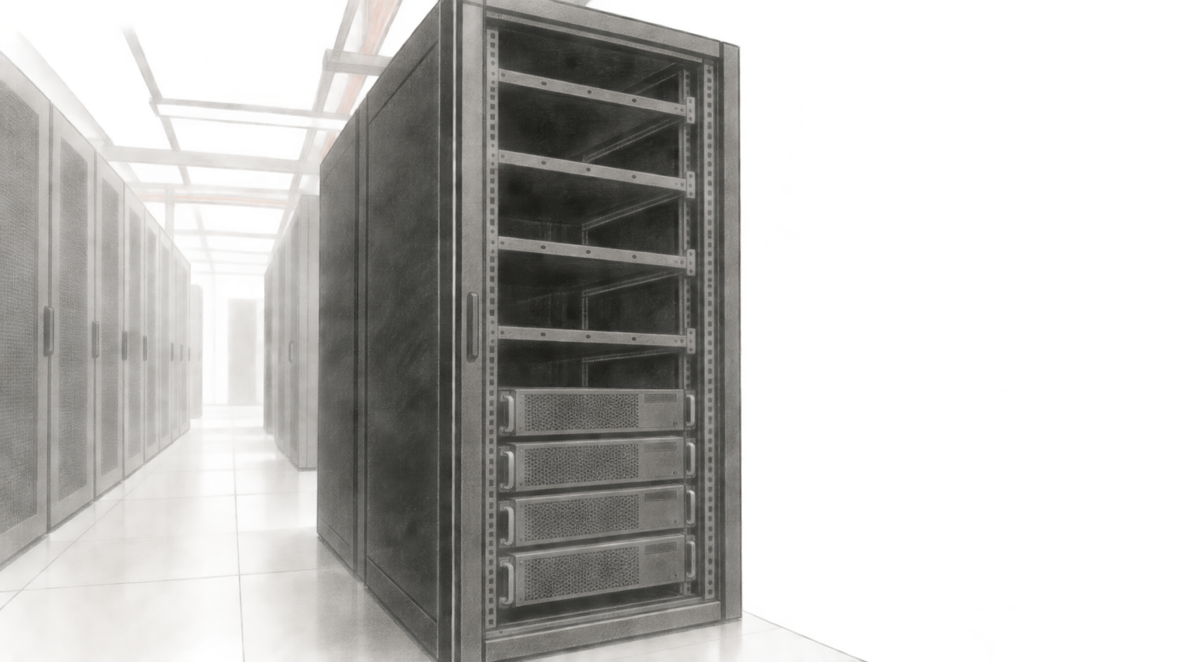 A generic partly empty server rack stands in a data-center aisle, with closed server units in the lower bays.