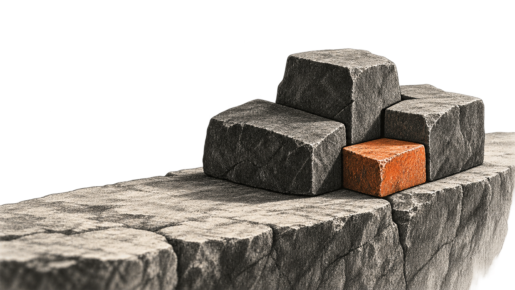 Conceptual charcoal illustration of a small orange stone block nestled among larger dark blocks on the same stone ledge.