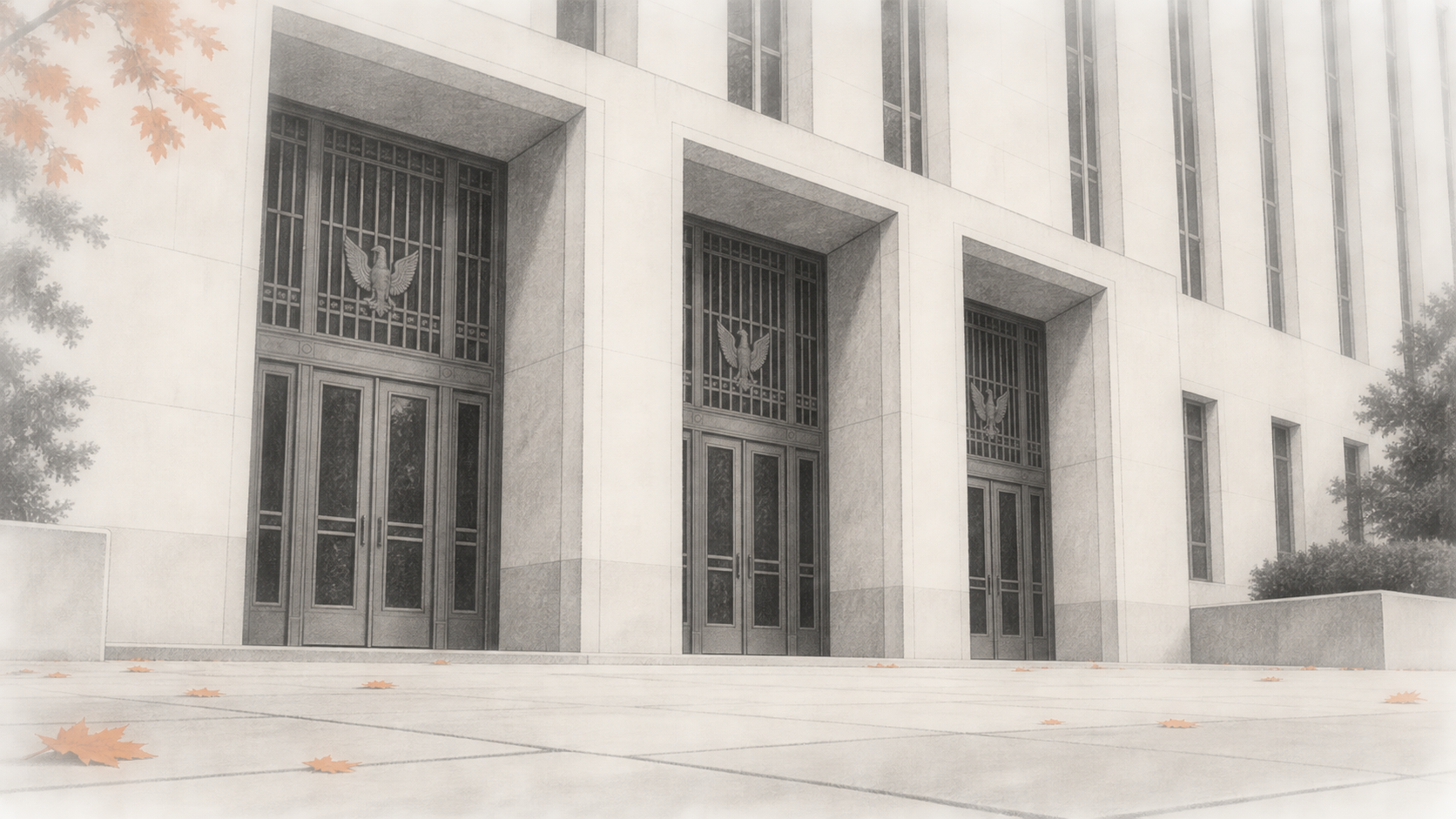 Conceptual charcoal illustration of the E. Barrett Prettyman U.S. Courthouse exterior, with three recessed entrances and an empty plaza.