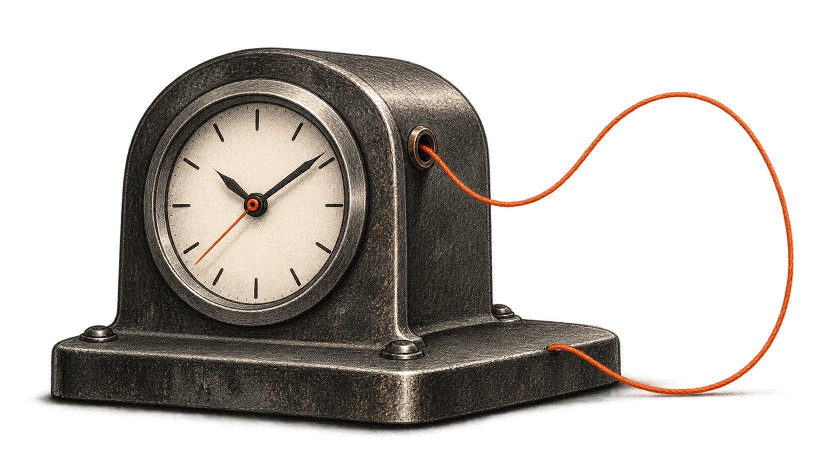 Conceptual charcoal illustration of an analog clock in a dark metal housing with an orange thread looping from its side.