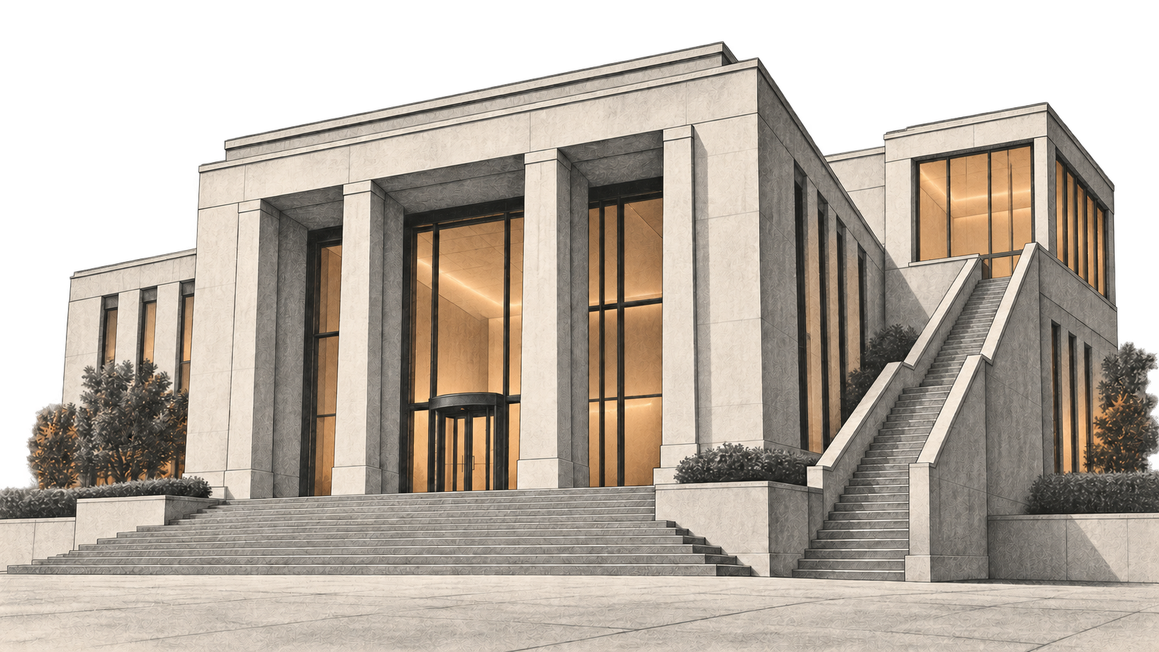 Conceptual drawing of a modern corporate building with broad front steps and a separate side stair leading to an upper chamber.