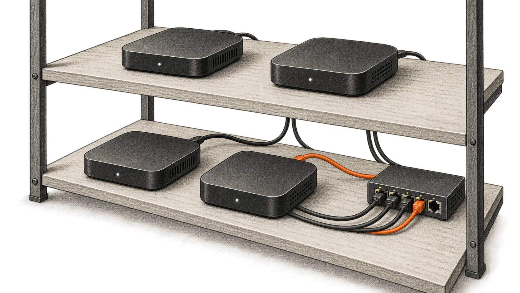 Conceptual charcoal illustration of four unbranded TV-style media boxes on two shelves, with cables running to a small network switch.