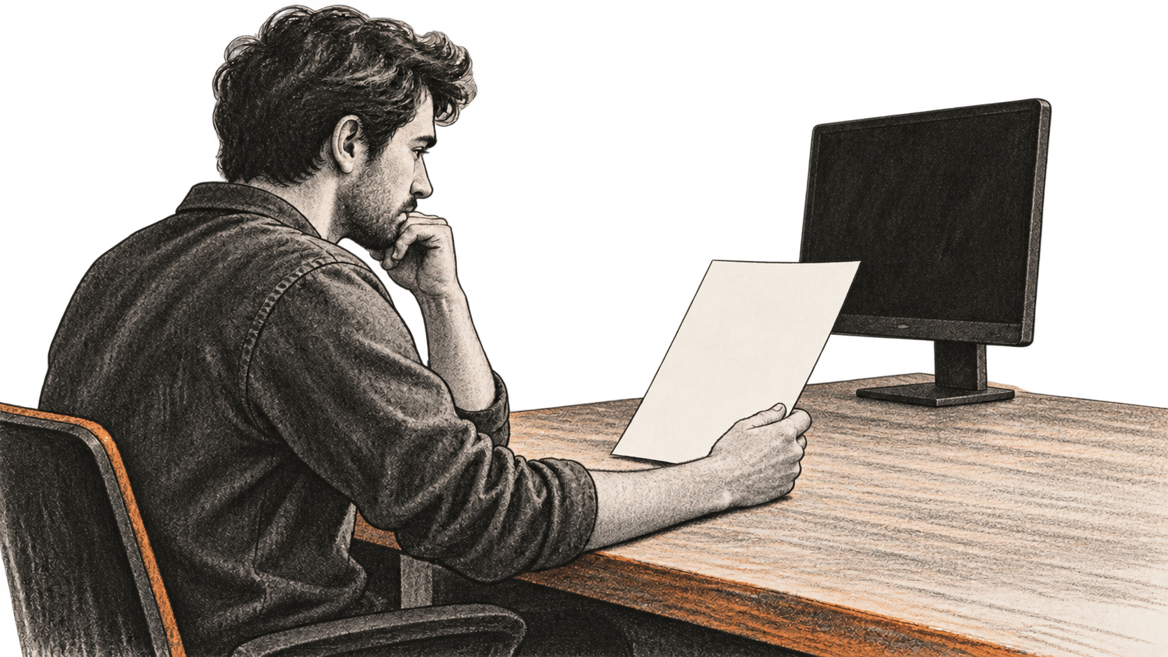 A seated maintainer studies a blank report sheet beside a dark, unbranded monitor.
