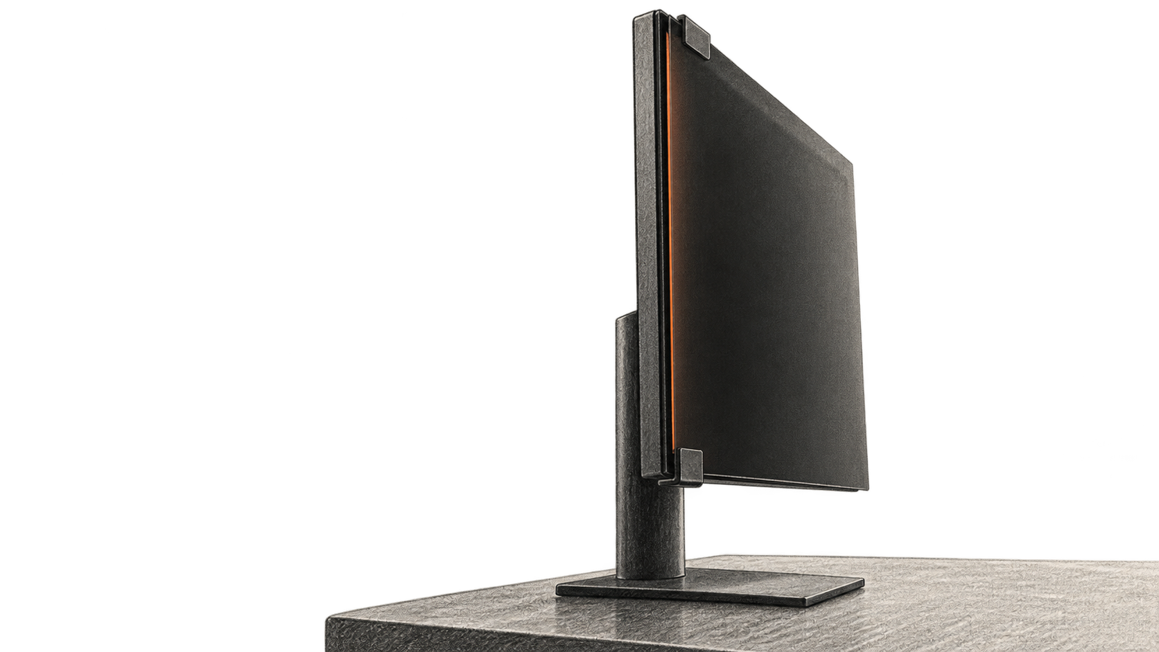 Conceptual charcoal illustration of an unbranded desktop monitor seen from the side with a dark privacy filter attached over its blank screen.