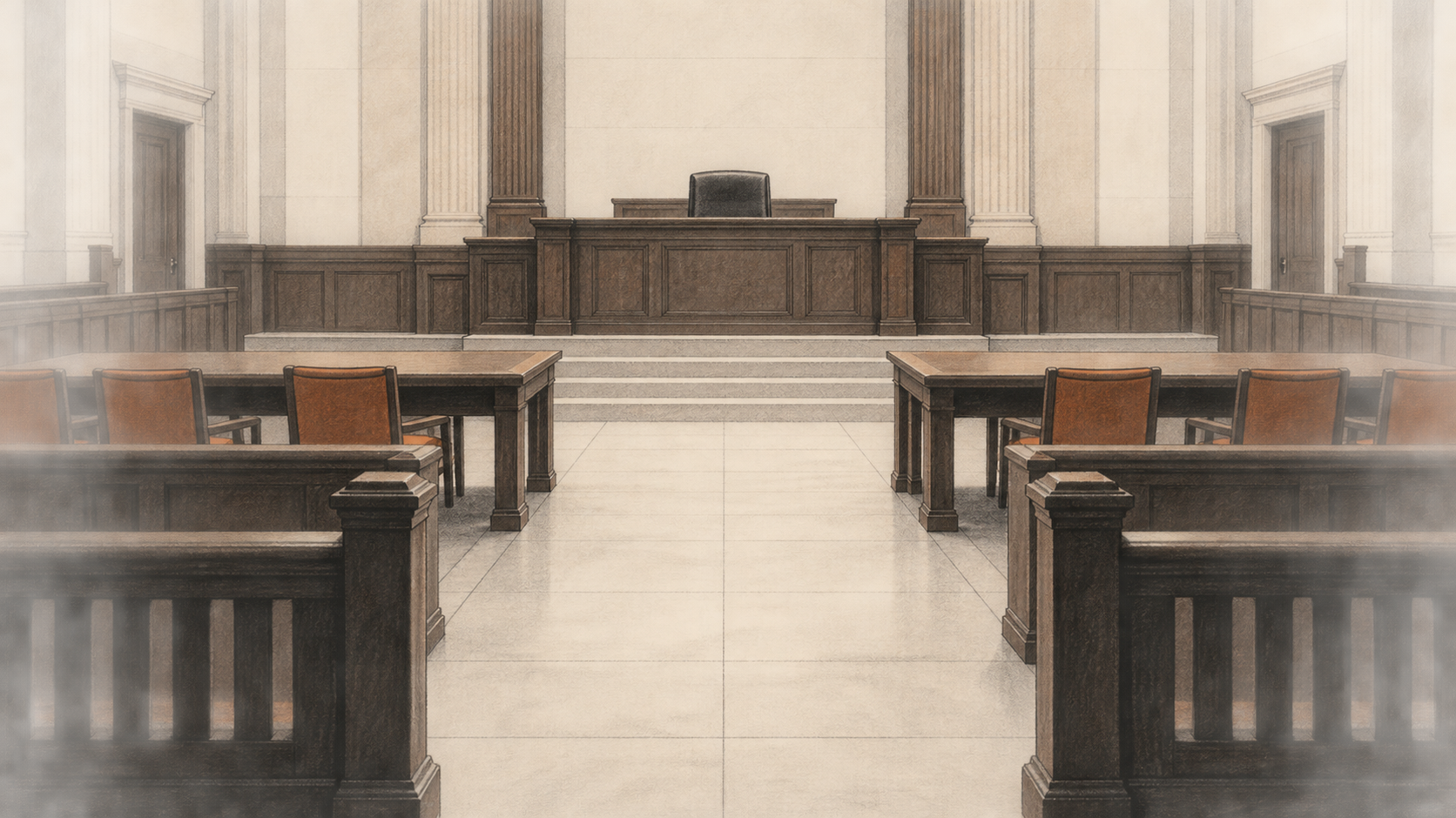 Conceptual illustration of an empty courtroom seen from its rear gallery, with counsel tables, a central aisle and an elevated judge’s bench.