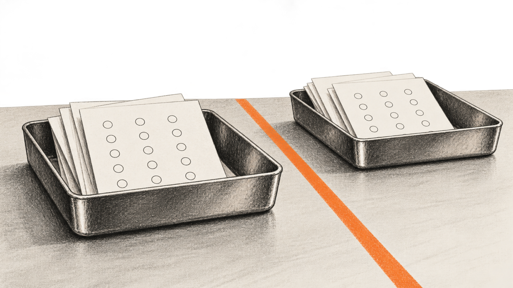 Conceptual charcoal illustration of two separate trays holding blank survey forms, divided by an orange line.