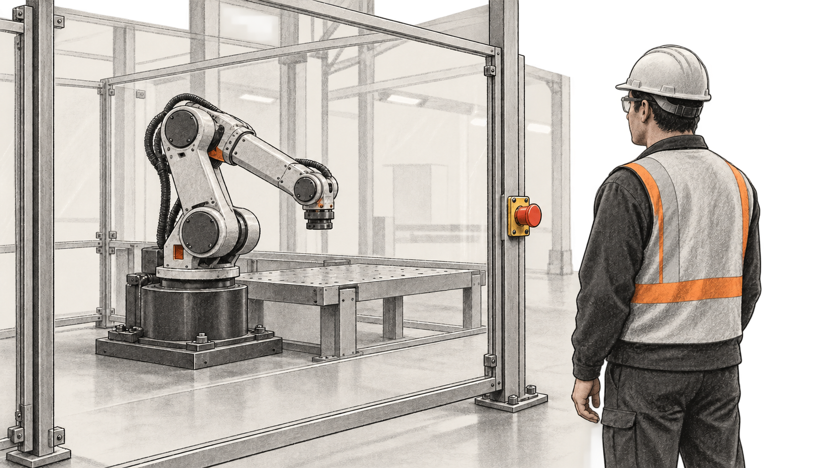 An operator watches an unbranded industrial manipulator inside a guarded workcell; a red stop control is mounted on the barrier outside.