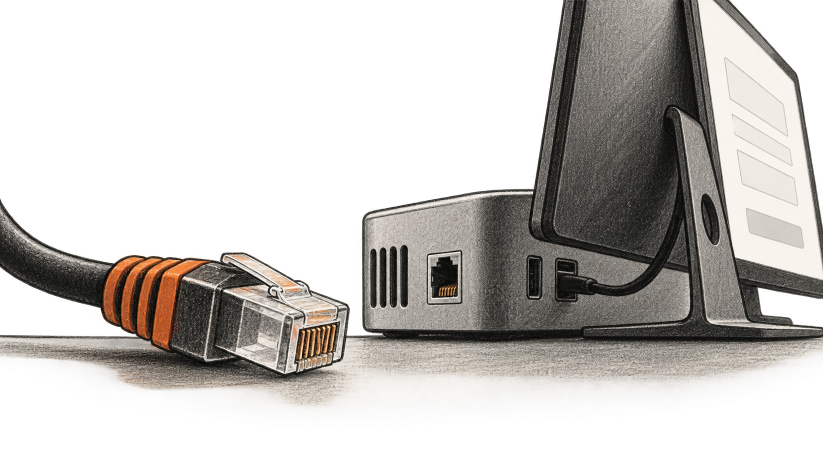 Conceptual charcoal illustration of an unplugged network cable beside a computer showing an indistinct blank online form.