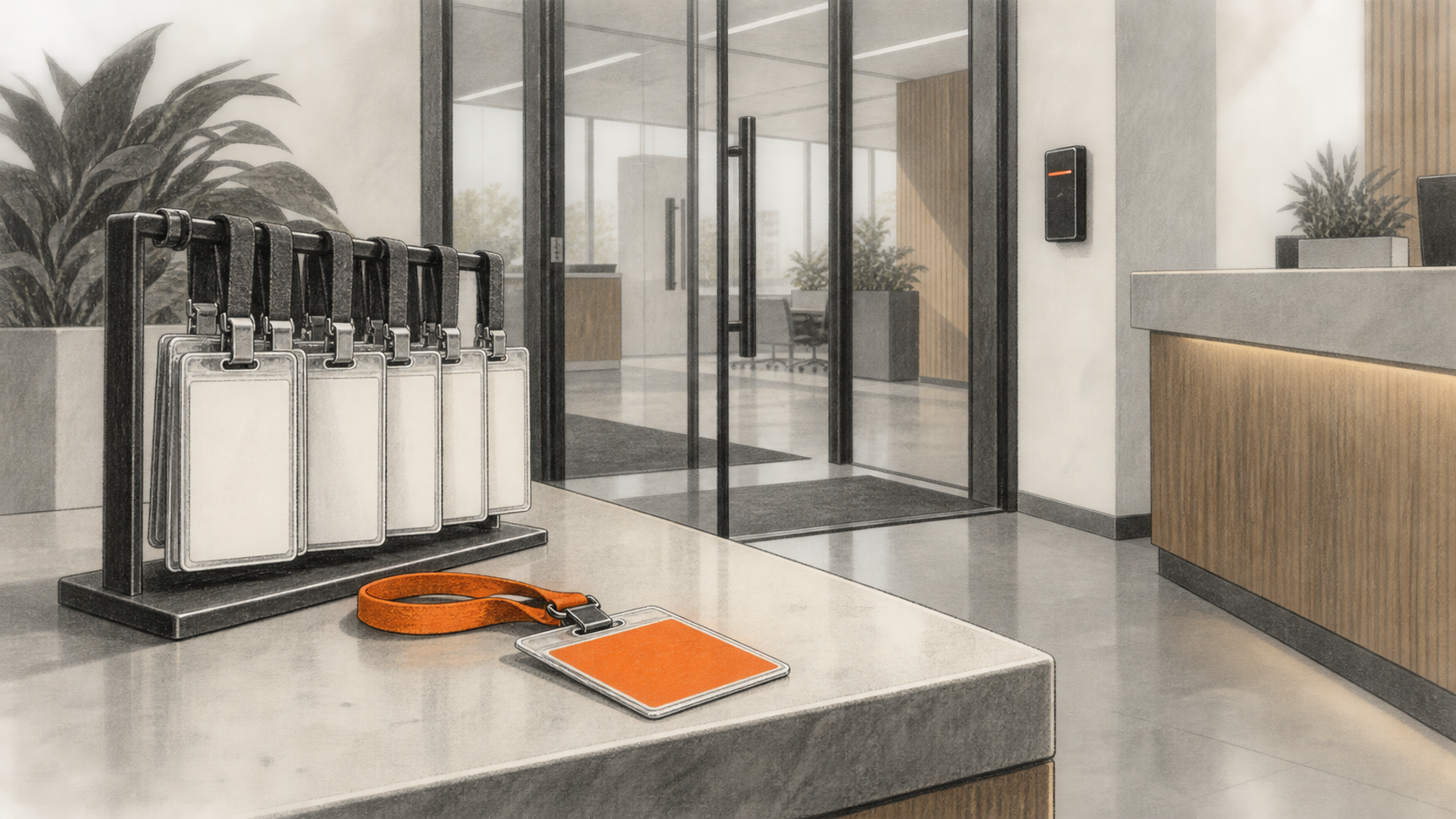 Conceptual charcoal illustration of blank employee badges and one orange visitor badge at a generic office entrance.