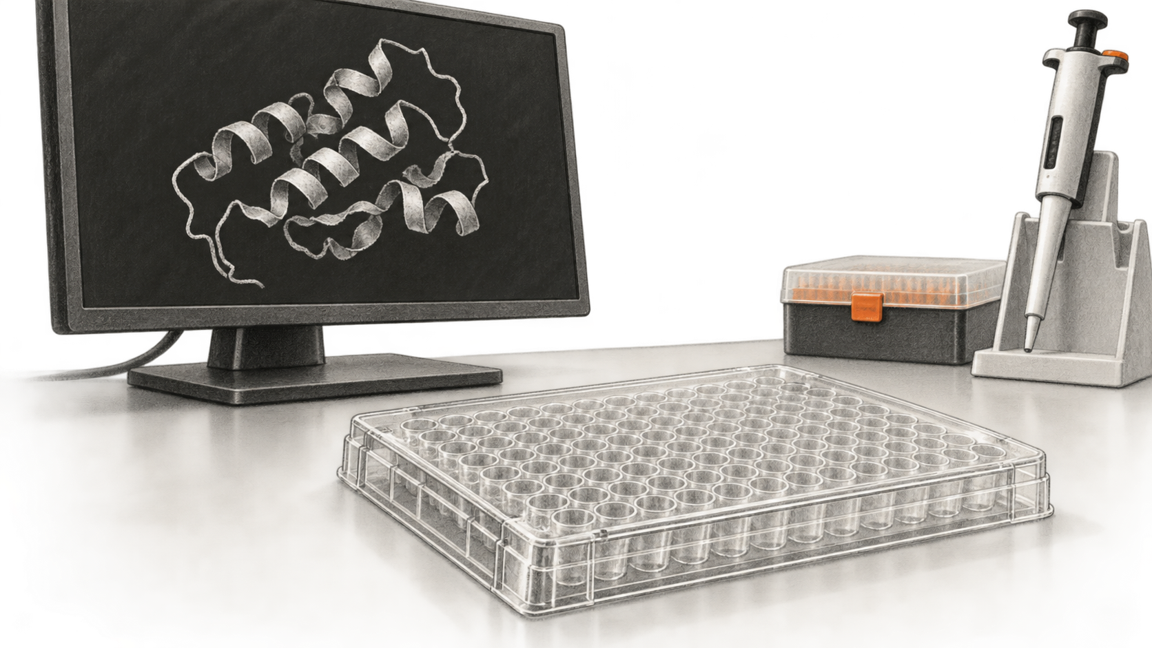 Conceptual charcoal illustration of an unbranded monitor with a generic protein ribbon, beside a closed empty assay plate and a rack-mounted pipette.