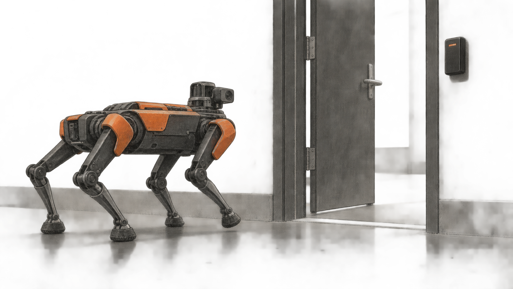 A four-legged industrial inspection robot approaches a partly open personnel door with a wall-mounted access reader.