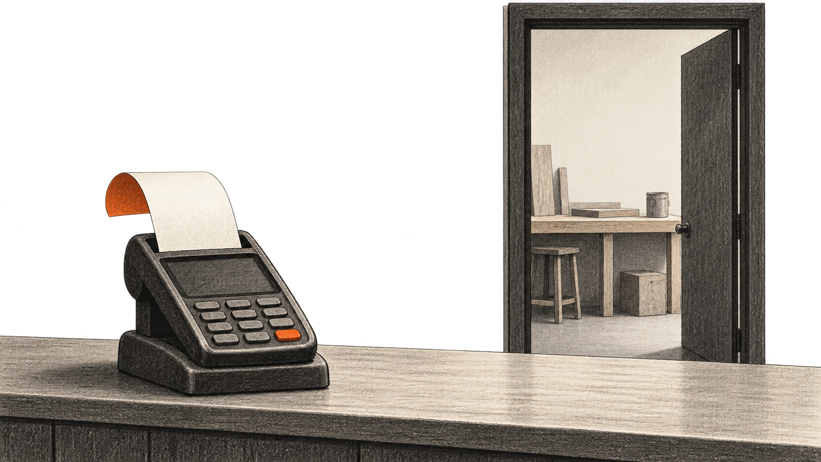 Conceptual charcoal illustration of a blank receipt emerging from a payment terminal on a counter, with a workroom visible through a doorway behind it.
