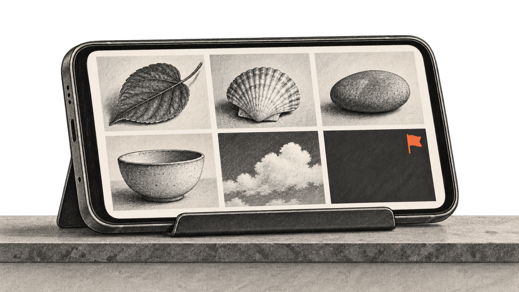 Conceptual charcoal illustration of a landscape phone on a low stand, displaying harmless image thumbnails and one dark tile with a small orange flag.