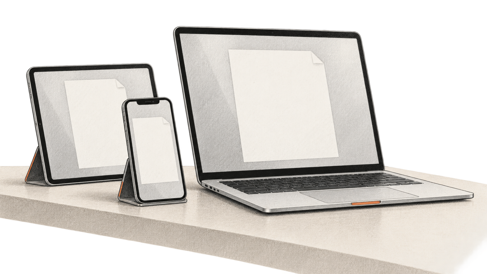 Conceptual charcoal illustration of a tablet, phone and laptop showing blank document shapes on their screens.