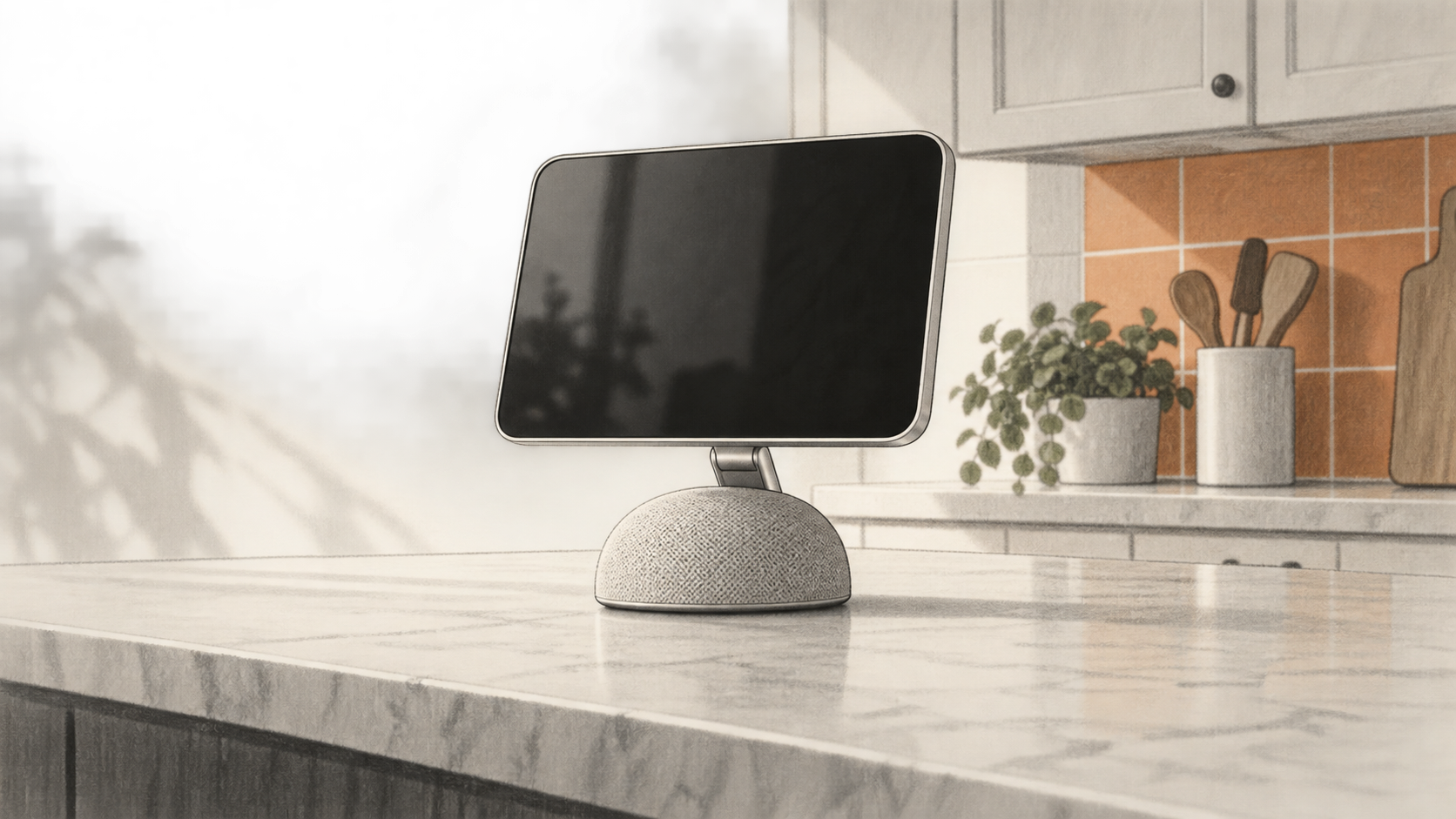 Conceptual charcoal illustration of a small screen on a hinged domed speaker base on a kitchen counter; the screen is blank.