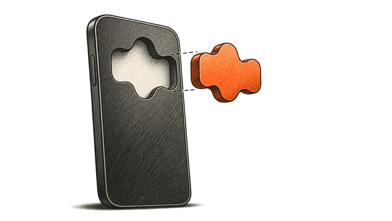 A generic charcoal smartphone has an empty rounded recess while a separate orange abstract voice tile aligns just outside it.