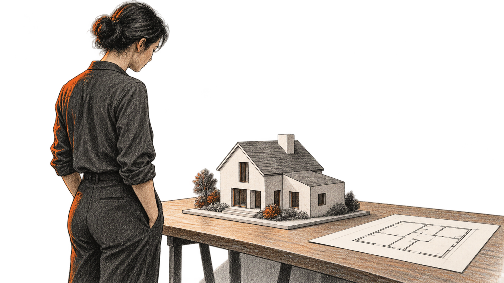 Conceptual illustration of a person examining a small house model beside an unlabelled floor plan.