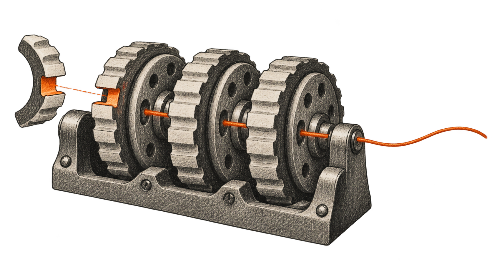 Three exposed cipher-like rotors beside a matching notched fragment, with an orange line passing through the assembly.