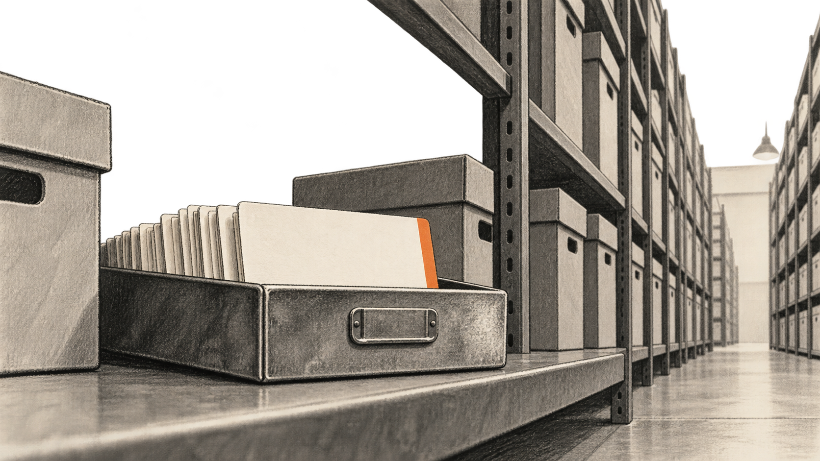 Conceptual retrieval tray before deep archive shelves.