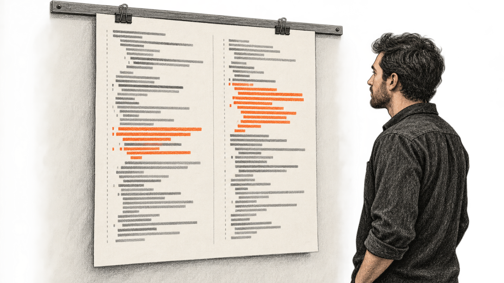 Conceptual charcoal illustration of one reviewer studying an unbranded two-column code change printout clipped to a wall rail.