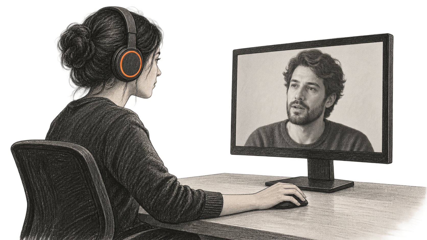 Conceptual charcoal illustration of an editor wearing headphones and looking at an anonymous speaker in source footage on a desktop monitor.