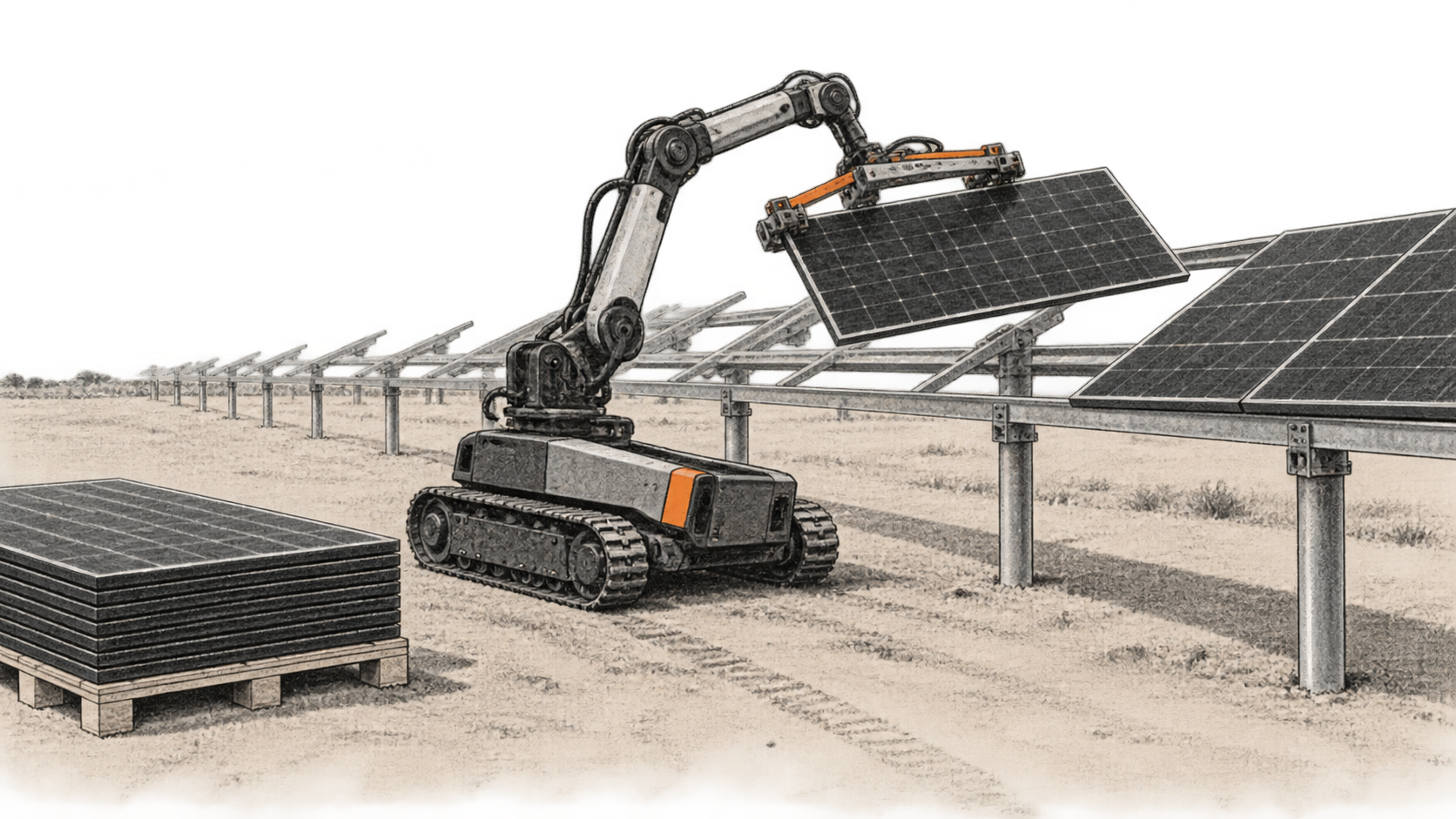Conceptual charcoal illustration of a tracked robot lifting a solar panel toward an open tracker row, with more modules stacked on a pallet.