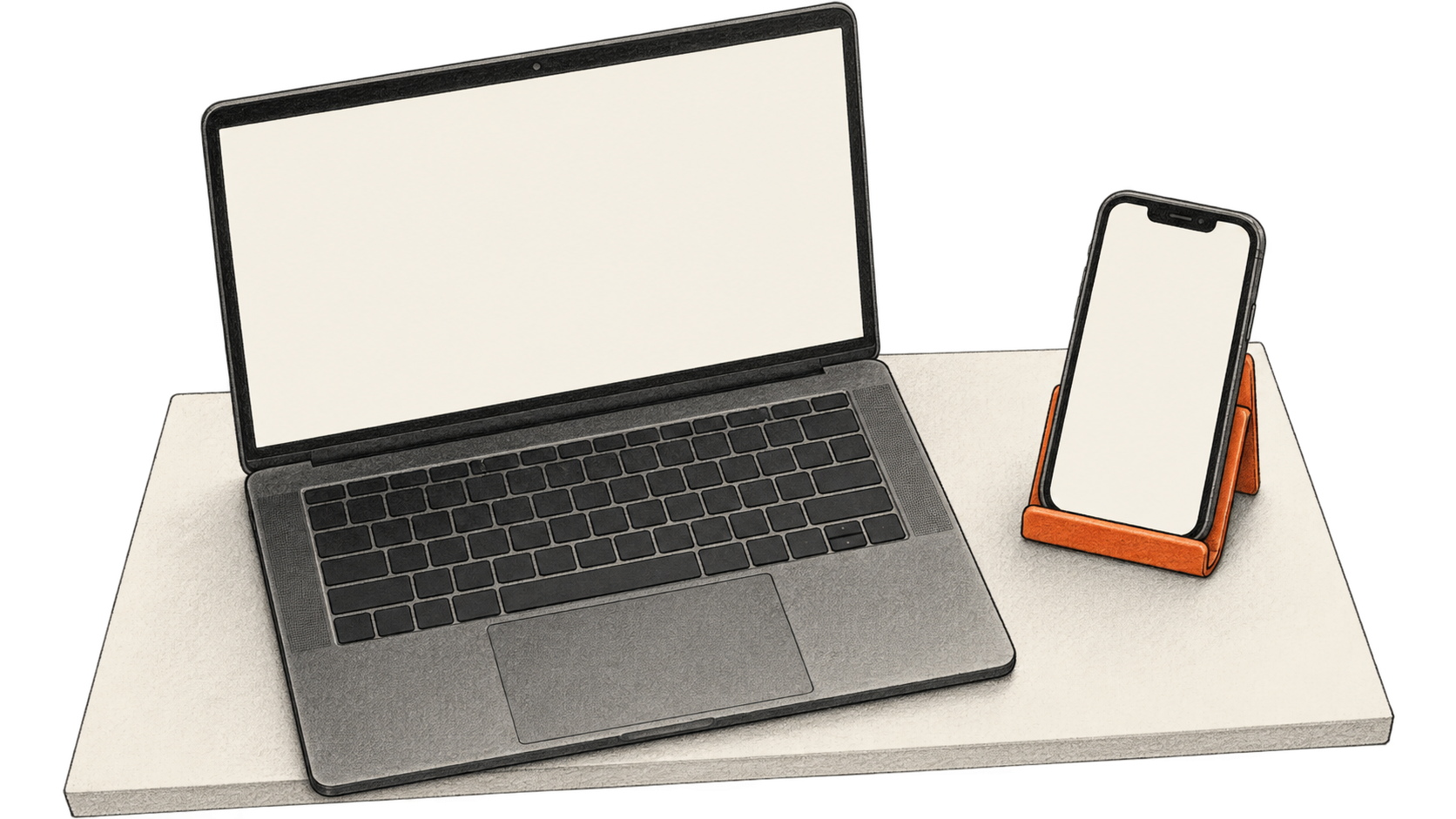 Conceptual charcoal illustration of an open unbranded laptop beside a blank-screen phone supported by an orange cradle on a pale shelf.