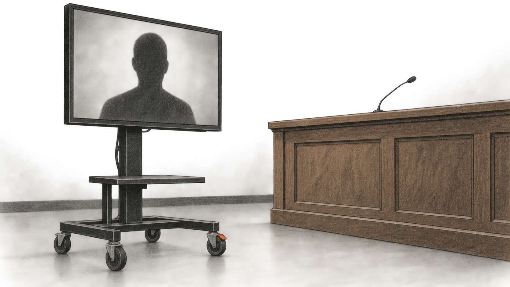Conceptual charcoal illustration of a video screen on a wheeled cart showing an anonymous silhouette beside an empty court bench.