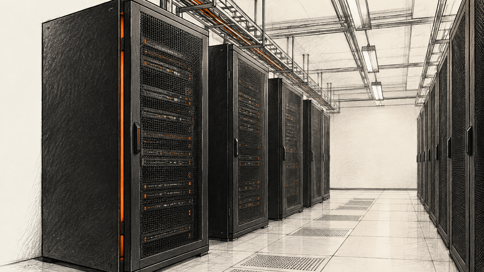 Conceptual charcoal illustration of unbranded server cabinets receding along a data-centre aisle, with a narrow orange accent on the nearest cabinet.
