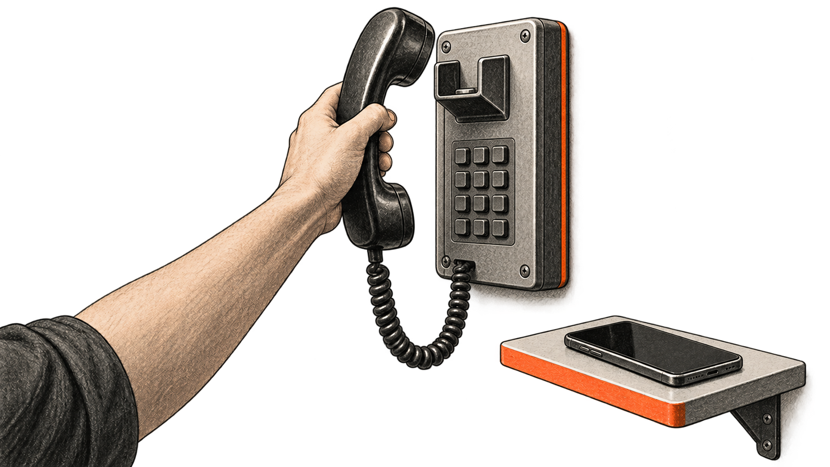 Conceptual charcoal illustration of one hand lifting a wall telephone handset while a blank mobile phone rests on a separate shelf.