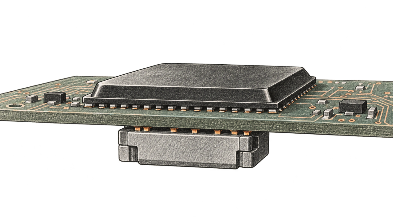 Conceptual charcoal illustration of a generic processor package above a circuit board and a regulator-like assembly attached directly beneath it; not an ASE product drawing.
