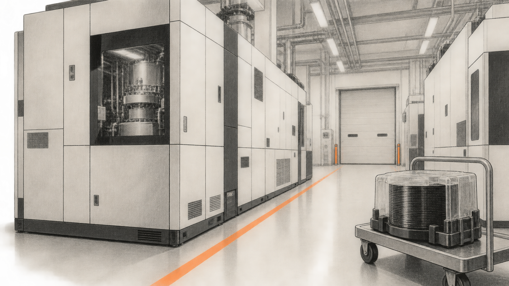 Conceptual illustration of an unbranded semiconductor equipment aisle with large enclosed cabinets and a carrier cart.