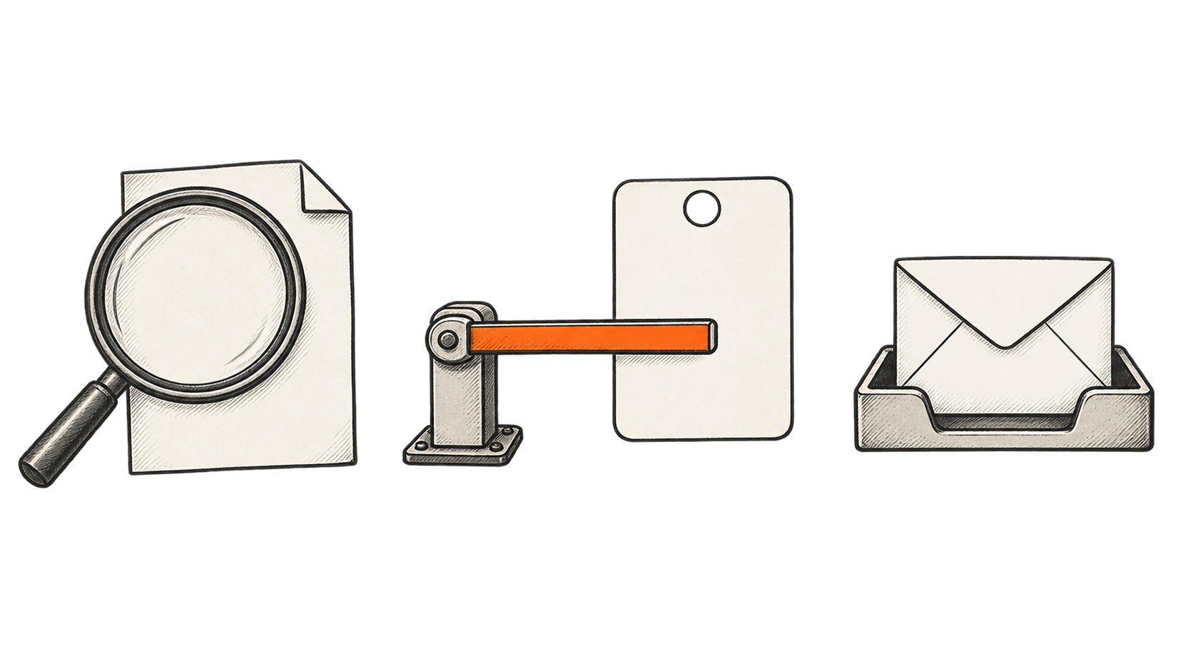 Three separate groups show a document under a magnifier, an orange barrier beside a blank account card, and an envelope in a tray.