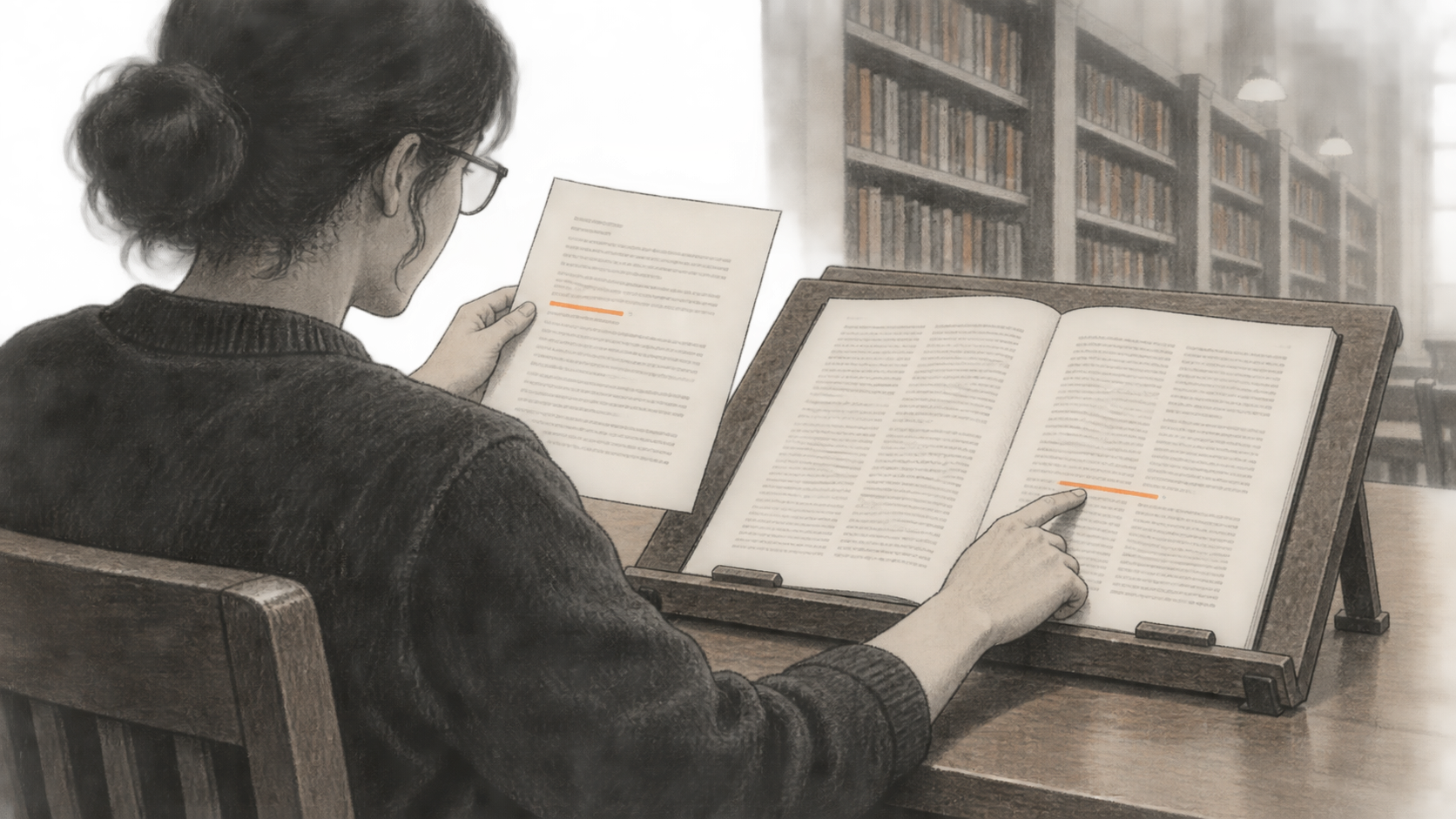Conceptual charcoal illustration of one researcher holding a report page while pointing to a passage in an open scientific paper on a reading stand.