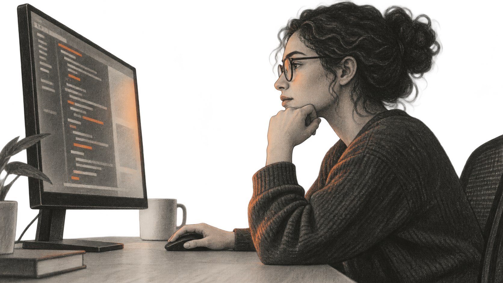 Conceptual charcoal illustration of an anonymous researcher in profile considering code-like marks on a desktop monitor, with one hand on a mouse.