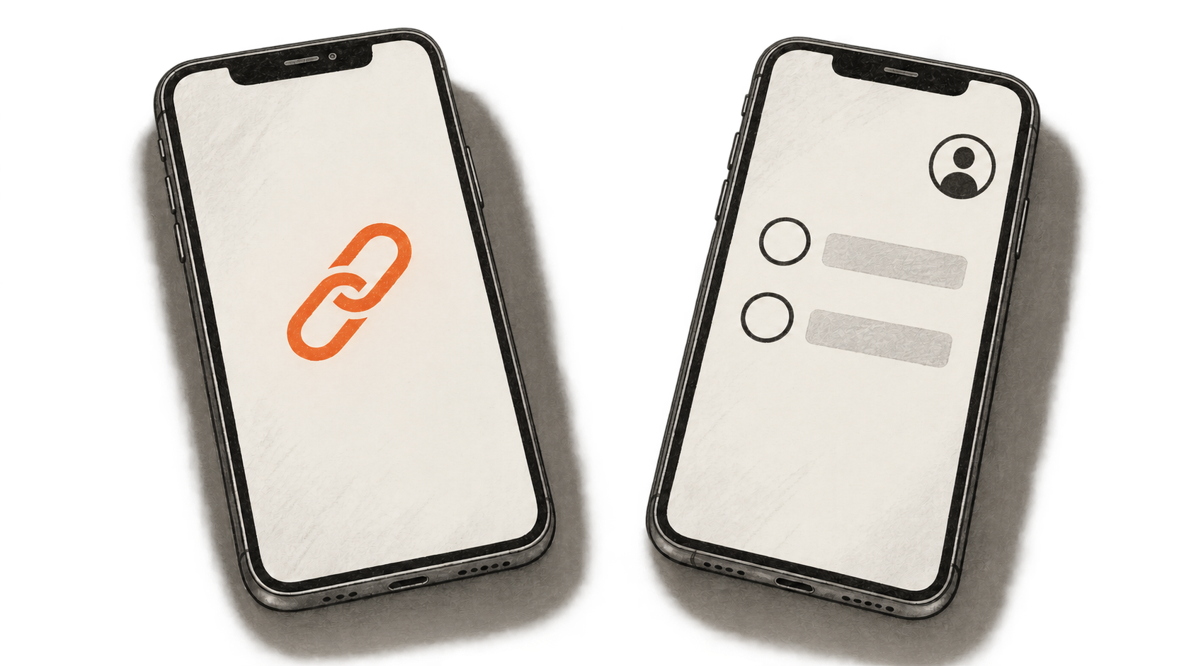 Two unbranded phones on one surface: one shows an orange link symbol, while the other shows an empty two-choice poll and a generic account symbol.