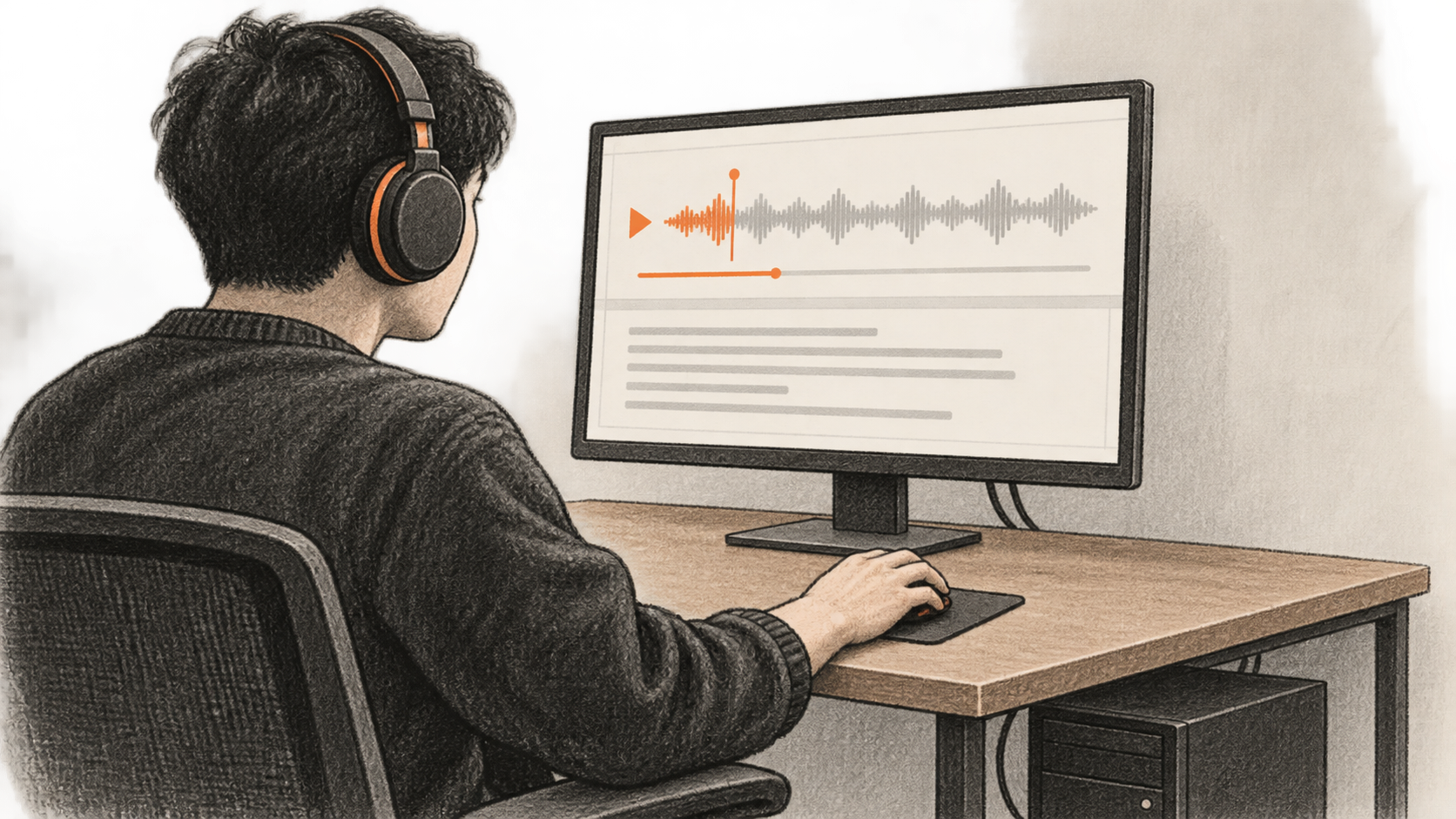 Conceptual charcoal illustration of one headphone listener comparing an audio playback track with abstract text marks on an unbranded desktop monitor, beside a local computer tower.