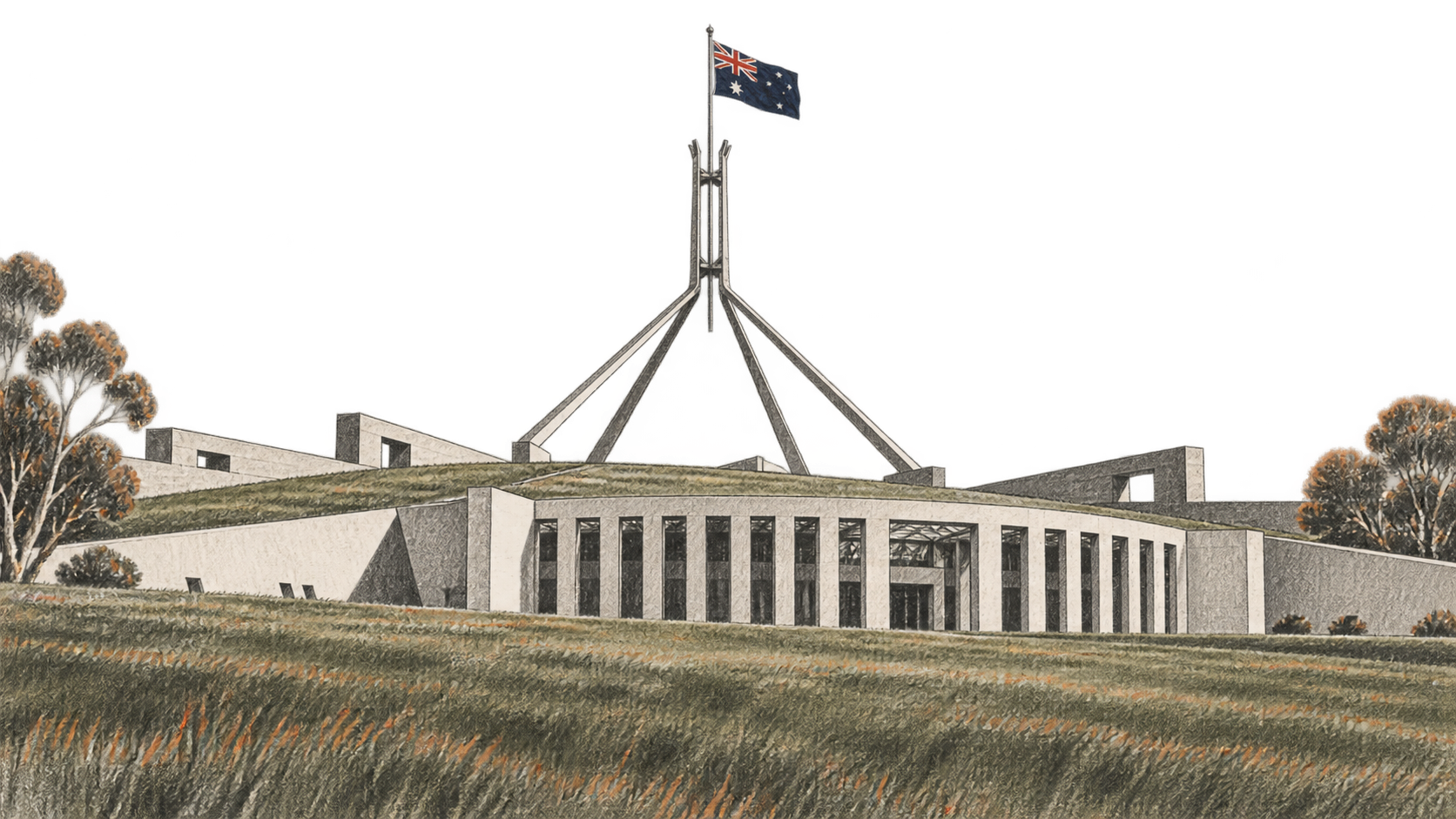 Charcoal illustration of Australia's Parliament House in Canberra, with its grass roof and Australian flag mast above the low building.